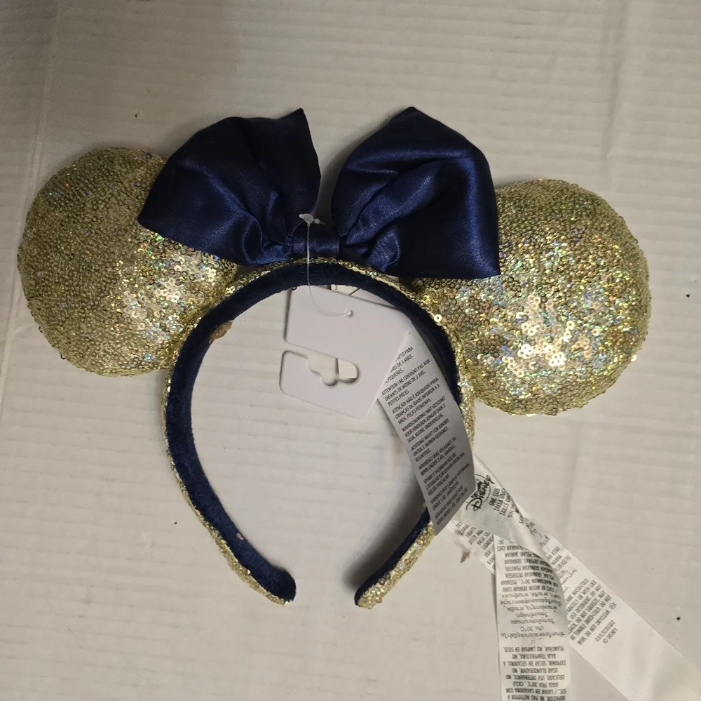 Disney Glittering Gold 50th Anniversary Ears with Navy Bow